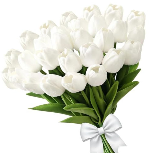 ELLECILA 22 PCS White Artificial Tulips - Realistic Faux Flowers for Home, Garden, and Graves Decor - White PU Tulip Bouquet in Vase - Durable Fake Flowers for Wedding & Outdoor Decoration