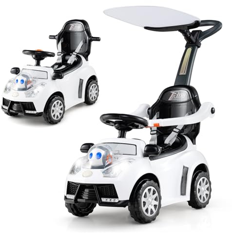 COSTWAY Ride on Push Car, 3 in 1 Baby Foot to Floor Slider with Removable Push Handle & Guardrail, Adjustable Canopy, Horn, Music, Light, Underneath Storage, for 12-36 Months (White)