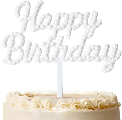 Pearl Happy Birthday Cake Topper with Acrylic Base, 6.3 x 7.2 Inches White Letter Cake Sign for Elegant Birthday Party Decorations and Cake Supplies