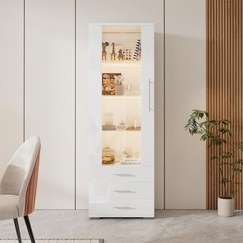 Sweiko Vitrine Blanche Brillante 60 × 35 × 180 cm, Compartiments vitrés avec éclairage LED, Armoire Haute Verticale à 3 tiroirs