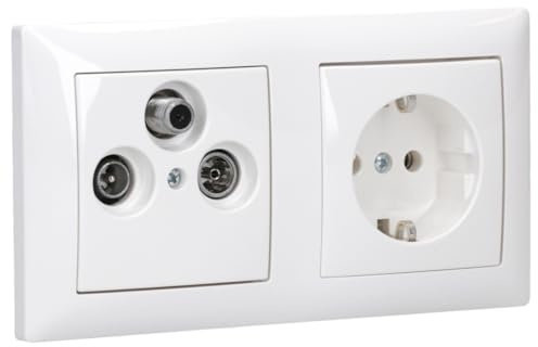 Busch-Jaeger Steckdosen & SAT Set: Triax EDA 302 F SAT-Einzeldose + 1722-914 2-fach Rahmen + 1743-03-914 Abdeckung + 20 EUC-914 Steckdose Alpinweiß Balance SI