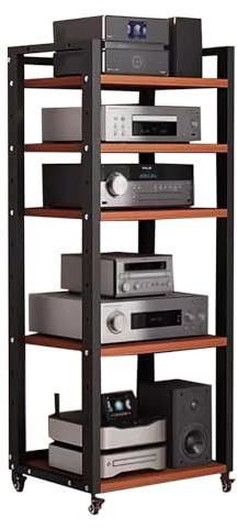 5 Tier HiFi Audio Rack - Modern Stereo Component Stand Media Unit with Turntable & Record Storage Tall AV Cabinet for Entertainment Center (Red)