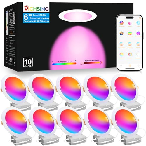 RICHSING 10 Pack LED Recessed Lighting 6 inch, RGBCW Recessed Ceiling Lights Compitable with Alexa, 2700K-6000K Dimmable 1350LM LED Recessed Lights with Junction Box, 16 Million Colors, Timer