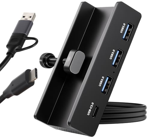 Hub USB 3.0, lega di alluminio Hub da 5 Gbps con morsetto Splitter a 4 porte (USB-C*1+USB-A*3) e cavo dati da 150 cm per scrivanie con display Plug-and-play
