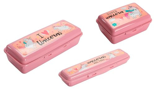 Tradineur Lot de 3 boîtes rectangulaires en plastique pour enfants, boîtes à lunch de différentes tailles, convient pour un usage alimentaire, fournitures scolaires, enfants (Licorne, 25 cm + 23 cm +