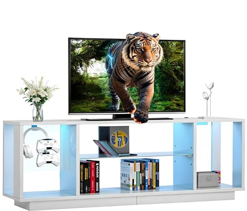SogesGame Moderner TV-Schrank mit RGB-LED-Beleuchtung, Medienkonsole Lowboard für TV mit offenem Stauraum, Entertainment Center für Spielekonsolen und Bücher, Weiß