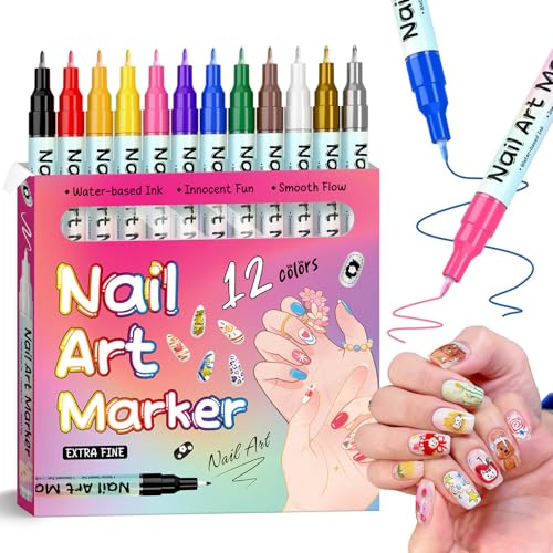 Juego de 12 bolígrafos de arte de uñas de colores, marcadores de pintura acrílica, punta de precisión de 0.5 mm, herramientas de arte de uñas de secado rápido para adultos y niños