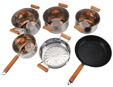 Gedourain Stainless Steel Multifunctional Cookware Set Elegant Wooden Handle for Kitchen Cooking Steaming Boiling Making Soup for Household Use