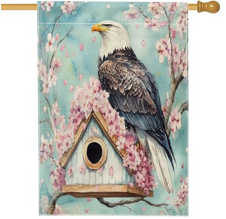 Spring Adler Hawks Vogelhaus-Flaggen, 71,1 x 101,6 cm, doppelseitig, Blumenblumen, Vogelhaus, Standard-Sackleinen, Heimflaggen, Tier-Hinterhof-Flaggen, Outdoor-Dekoration