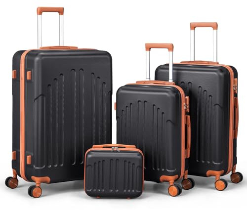 LEADZM Koffer Set 4 teilig Hartschale mit Kosmetikkoffer (Schwarz-Braun) | Kofferset aus ABS, Reisekoffer mit Rollen Groß, Handgepäck, Hartschalenkoffer Set, Koffer & Trolleys