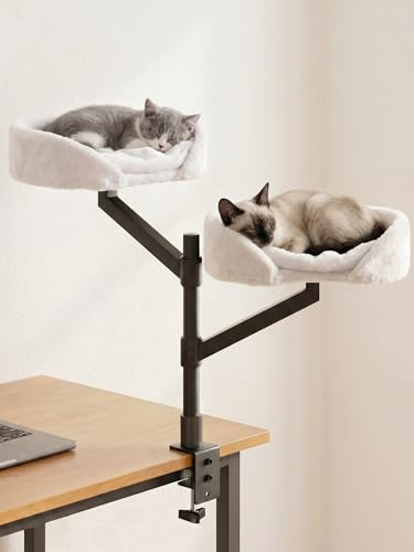Apetaccat Katzenbett für den Schreibtisch, Katzenkorb, Katzen-Schreibtischbett, höhenverstellbar, 360° drehbarer Katzenbettständer, Katzenhängematte, belastbar bis 20 kg (Weiß, 2 Ebenen)