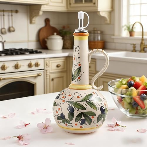 Thaibna Ceramic Olive Oil Dispenser Bottle 680 ml, Large Olive Oil Container for Kitchen, Oil and Vinegar Jar with Stainless Steel Spout, Oil Dispenser with Handle, Dripless Cooking Pot (Blueberries)