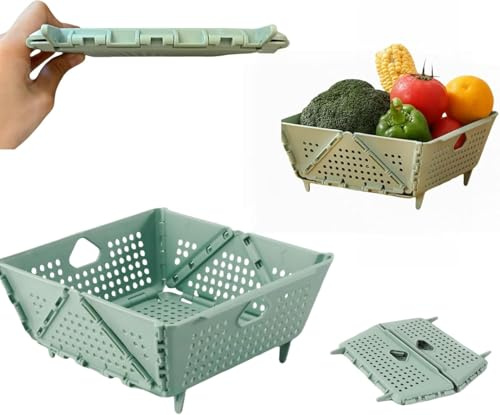 ViWaVee Passoire à pâtes pliable en plastique - Idéale pour les pâtes, les légumes et les fruits - Passe au lave-vaisselle, sans BPA et peu encombrant (vert)