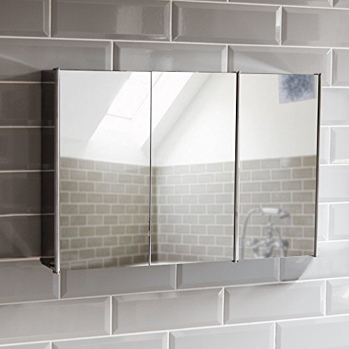 Bath Vida badrumsspegelskåp med 3 dörrar i rostfritt stål, förvaring, silver, med magnetisk låsmekanism