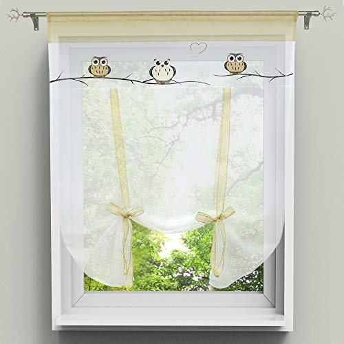 HongYa Raffrollo Bindegardine Eule Bestickte Küche Gardine Transparenter Vorhang Voile mit Tunnelzug H/B 100/80 cm Sand