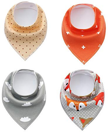 DOTBUY Baby Dreieckstuch Lätzchen, 4er Pack Baby Jungen Mädchen Lätzchen Abwaschbar Halstuch Mit Druckknöpfen Multifunctional Saugfähig Weich Größenverstellbar (Fuchs)