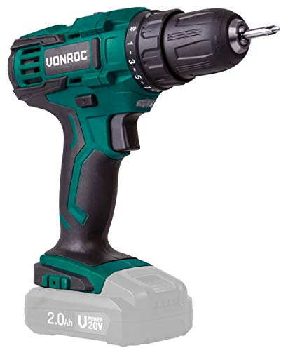 VONROC Perceuse-visseuse sans fil VPower 20V (sans batterie ni chargeur) – 2 embouts de vissage et sac de rangement inclus