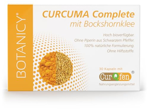 BOTANICY Curcuma Complete mit Bockshornklee - Hochdosiert, Vegan - 30 Kaps. | Ohne Zusätze. CurQfen®, Curcuma Extrakt, Bockshornkleesamen Extrakt, Kurkuma. Magnesium: weniger Müdigkeit