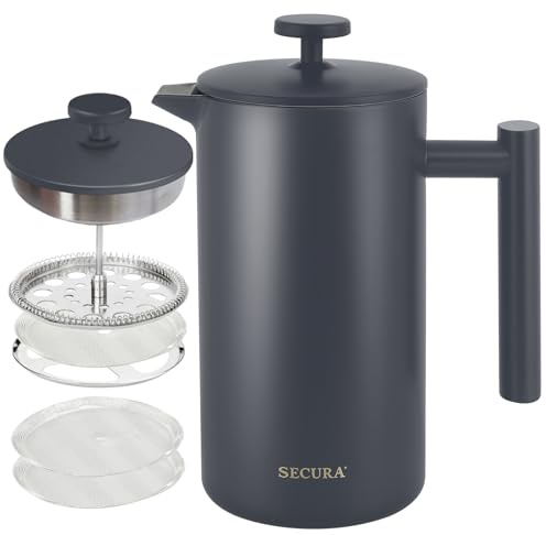 Secura Cafetière à piston, presse à café isotherme en acier inoxydable de qualité 304 avec 2 écrans supplémentaires, 1 litre, gris