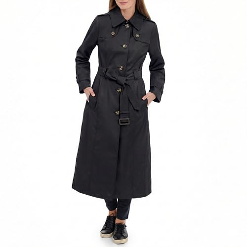 London Fog Women's Single Breasted Long Trench Coat with Epaulettes and Belt, Black, XL