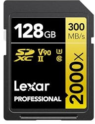 Lexar Professional 2000x SD Karte 128GB, SDXC UHS-II Speicherkarte ohne Lesegerät, Bis Zu 300MB/s Lesen, Class 10, U3, V90 SD Speicherkarte für DSLR, Videokameras in Kinoqualität (LSD2000128G-BNNAG)