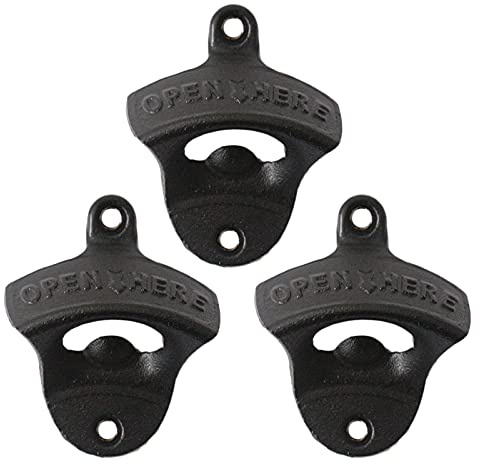 Luwanburg Black Cast Iron Bottle Opener Wall Mounted Open Here Beer Cap Opener Post Mounted (Pack of 3)