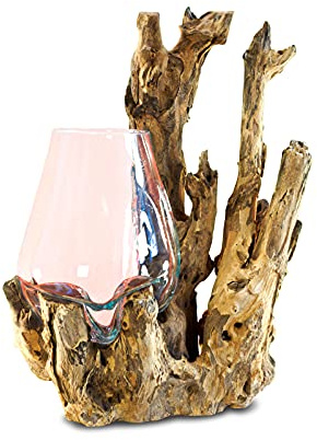 Vetro fuso su radice - ciotola di vetro su radice - legno teak con vaso di vetro o ciotola (vetro 30-50 x 35 cm)