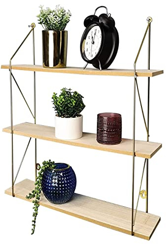 spot on dealz® 3 Tier Floating Shelf Wall Shelves for Bedroom Wall Mounted Bookcase Hanging Shelves Bookshelf Book Shelves for Living Room Display Wooden Shelving Unit Gold Metal Wire