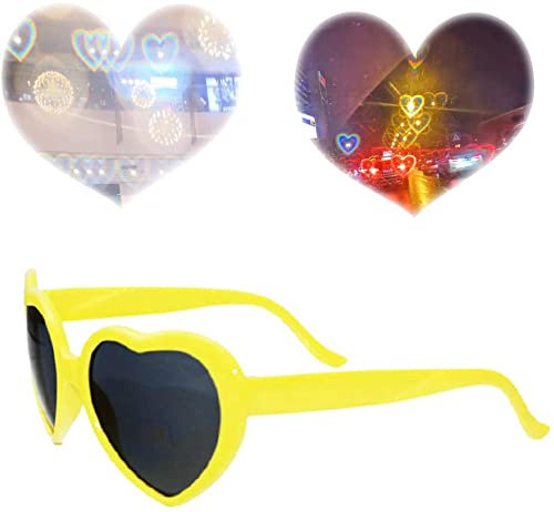 Yanyan Brille, Herz-Effekt, Beugungsbrille, Pfirsich-Herz-Effekt, Beugung, Rave-Brille, herzförmige Effekte, Sonnenbrille, leichte Brille für Party, Unisex (Gelb)