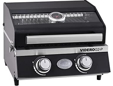 RÖSLE Gasgrill BBQ-Portable VIDERO G2-P, tragbarer Tischgrill mit 2 Edelstahlbrennern, Warmhalterost und Deckel mit Glaseinsatz sowie Deckelthermometer, pulverbeschichteter Stahl, 50 mbar