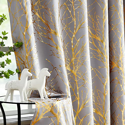 Fmfunctex Grey Gold Blackout Curtains for Living Room 90 inch Drop Eyelet Curtains for Bedroom Tree Branch Foil Thermal Insulated Window Curtain Panels 2 Panels