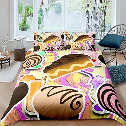 Set Copripiumino Stampato In 3D King Ciambella Gourmet Dei Cartoni Animati Biancheria Da Letto Quilt Copripiumino Con Chiusura A Cerniera Per Adolescenti E Adulti Ultra Soft Microfiber Bedding 240X22