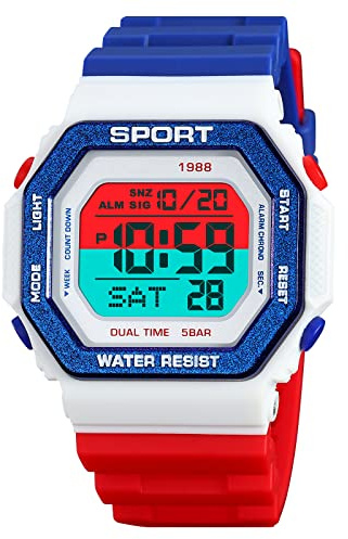 Forrader Unisex-Armbanduhr, groß, quadratisch, digital, wasserdicht, LED-Armbanduhr, Rot/Weiß/Blau