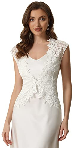 Allegra K Floral Lace Shrug for Women's Wedding Guest Cap Sleeve Formal Sheer Bolero Cardigan Medium White