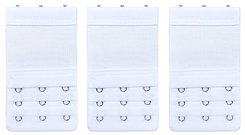 HUSAIHU 3 Pack Women's Bra Extenders, Bra Strap Extension 3 Hooks,Soft Stretchy Bra White Extender,Elastic Bra Extension Straps Set With Stainless Steel 3 Hooks x 3 Rows (White)