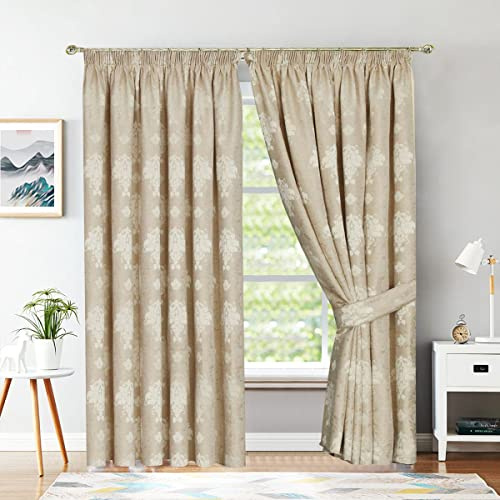 BQC Pencil Pleat Curtains for Living Room Bedroom Jacquard Fully Lined Readymade Virginia Pair Panels with 2 Free Tie Backs (W 90'' x L 90, Beige)