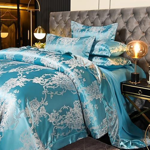 Tospass Satin Bettwäsche 200x220 Himmelblau Microfaser 3Teilig Jacquard Stickerei Prozess Blumen Bettwäsche-Sets, 1 Bettbezüge 200x220 und 2 Kissenbezüge 80x80 mit Reißverschluss
