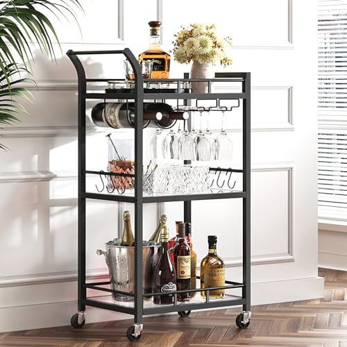 TUTOTAK Barwagen Home Bar Servierwagen mit Mikrowelle und Getränkehalter 3-Ebenen-Spiegelregal Wein- und Glashalter Rollendes Küchenregal Schwarz BC01BK034