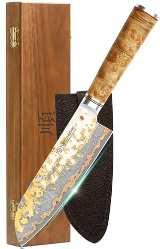 YOUSUNLONG Couteau Santoku Asiatique 178mm - Acier Damas Cuivre fait à la main au Japon - Couteau à hacher ultra tranchant - Manche en bois de ronce naturelle avec boîte en bois d'acacia et cuir