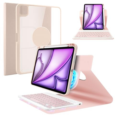 SOPPY Étui avec clavier pour iPad Air 11 (M3 2025/M2 2024) et Air 4e/5e génération, iPad Pro 11 (1ère/2e/3e/4e génération), coque magnétique rotative, clavier amovible avec porte-crayon – Rose