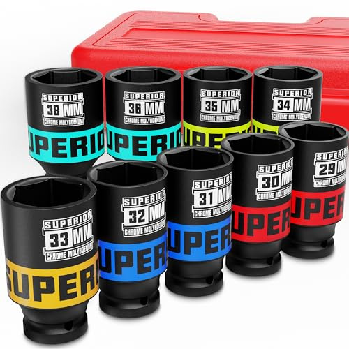 KIRXST 1/2 Inch Drive Impact Socket Set, 9 Piece Deep Sockets 29-38 mm, Metric Socket Set for Automotive Trucks Tractors Engines Repairing DIY Mechanic Tool