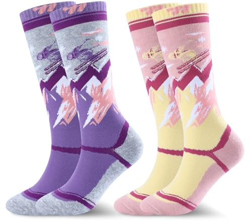 West Biking Calcetines de esquí para niños, Esquís Rosa + Esquí Violeta, 12-15 Jahre
