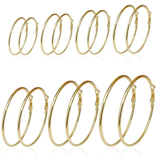 EAVUYIS 7 Paar Große Creolen, Dünne Vergoldete Edelstahl Ohrringe Damen Mädchen, Groß Creolen Silber 925, 25mm/30mm/40mm/50mm/60mm/70mm/80mm