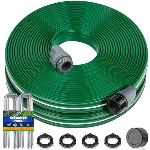 Jin&Bao Sprinklerschlauch mit Löchern, 30 m (15 m x 2 Stück), robuster Bewässerungsschlauch, hocheffizientes Sprinklersystem für Rasen und Garten mit Klammern