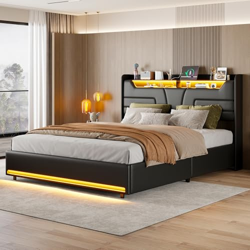 Bett mit Stauraum,Polsterbett Doppelbett 140 x 200, gepolstertes hydraulisches Bett,Stauraumbett Holz,Funktionsbett mit LED-Betten, Truhe mit Kopfteil und Lattenrost (Schwarz + PU-A, 140 x 200 cm)