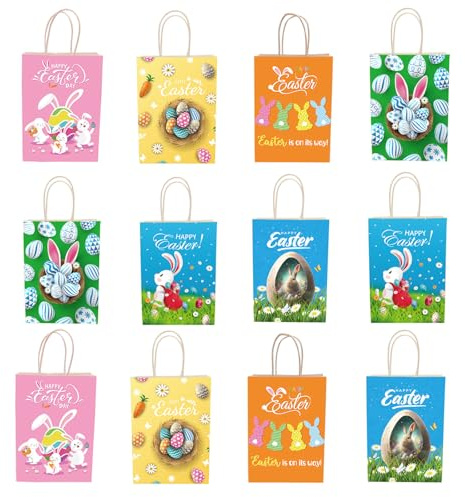 PWCTNT Ostergeschenktüten, 12 Stück, 16 cm x 8 cm x 22 cm, Cartoon-Muster, Geschenktasche Ostern zum Verpacken von Geschenken, Eiersuche Partyzubehör