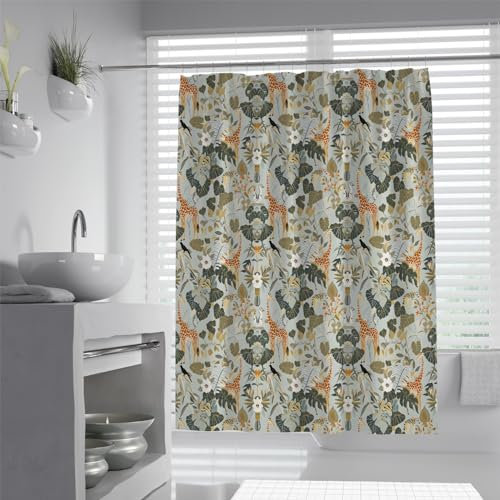 MOKOSAISE Monstera Blatt Giraffe Tropische Pflanzen Badezimmer Vorhang Badewanne Dekoration Polyester Stoff Hängender Vorhang Enthält Haken für Dorm Inn 180x180