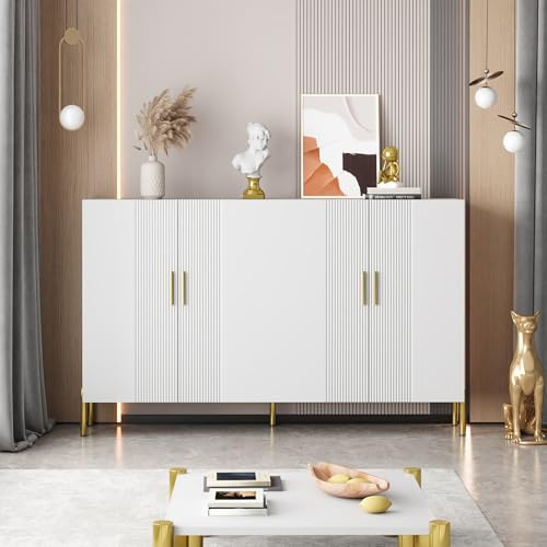 Wiuzo Moderner einfacher weißer Matter multifunktionaler Aufbewahrungsschrank 4 offene und geschlossene Türen Esszimmerschrank Golddekoration 160 * 35 * 100cm