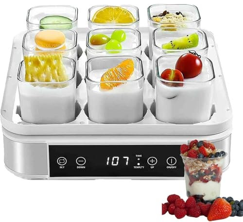 Yaourtière Automatique,Machine à Yaourt Natto, avec 9 Pots en Verre, avec Affichage LED et minuterie, avec ContrôLe de La Tempé Rature et Temps,pour Yaourt Biologique Domestique