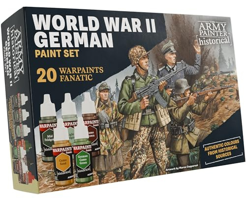 The Army Painter, Historical: WWII German Paint Set, 20 x 18 ml Warpaints Fanatic: 14 acrylic, 4 Washes, 1 Effect & 1 Metallic - Peinture pour miniatures pour recréer le Blitzkrieg